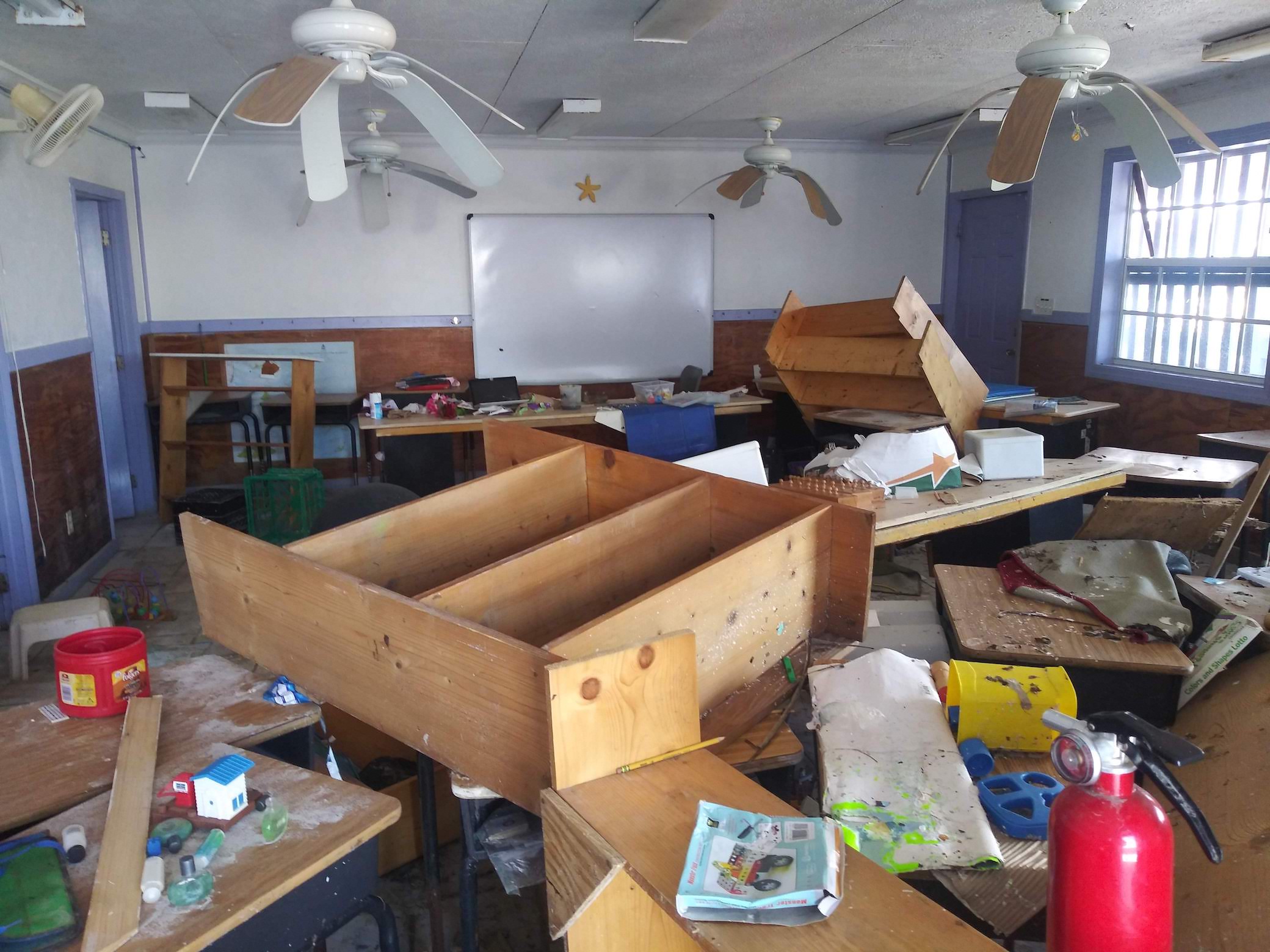 A classroom at Every Child Counts with destruction from Hurricane Dorian.